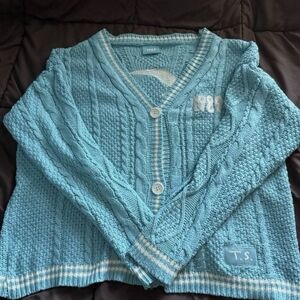Taylor Swift Light Blue Cable Knit Cardigan with White Trim